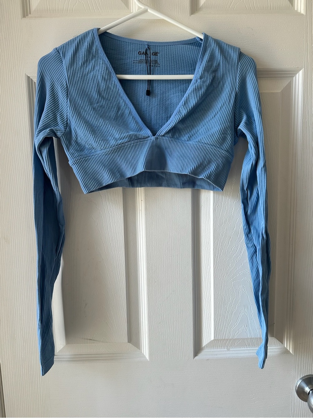 Garage Sky Blue Ribbed Deep V Long-Sleeve Crop Top
